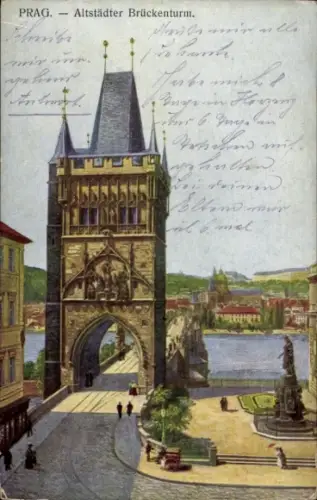 Ak Praha Prag Tschechien, Altstädter Brückenturm,  Fluss, Statue, 
