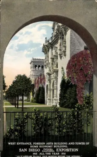 Ak San Diego Kalifornien USA, Westlicher Eingang, Gebäude der Fremden Künste, Turm des Wirtschaft