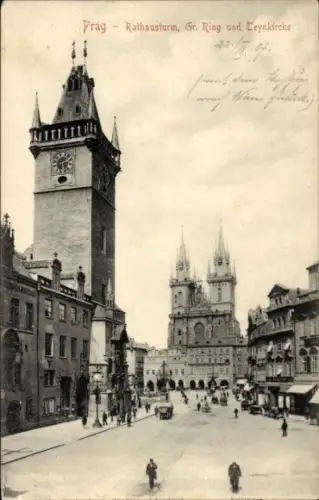 Ak Praha Prag Tschechien,  Rathausturm, Gr. Ring, Zeynkirche,  Ansicht, Straßenansicht