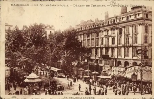 Ak Marseille Bouches du Rhône, Straße mit Straßenbahn, Bäume, Gebäude, Café, nmotiv