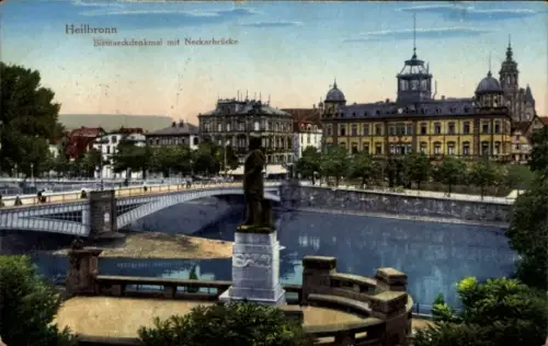 Ak Heilbronn am Neckar,  Bismarckdenkmal, Neckarbrücke, Flusslandschaft