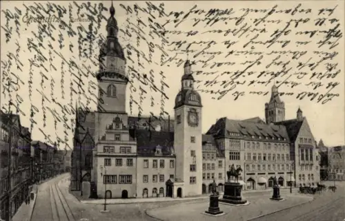 Ak Chemnitz in Sachsen, Stadtansicht, Uhrturm, Statue,  Gebäude, handschriftlicher Text