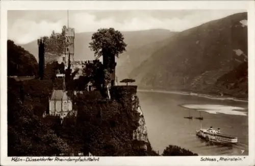 Ak Trechtingshausen am Rhein, Burg Rheinstein, Köln-Düsseldorfer Rheindampfschifffahrt