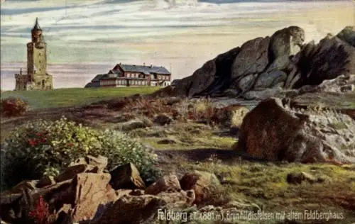 Künstler Ak Niederreifenberg Schmitten im Taunus, Großer Feldberg, Brunhildisfelsen, Feldberghaus