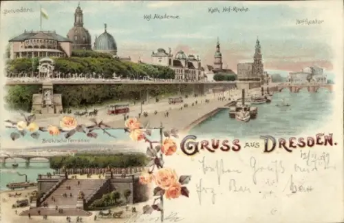 Litho Dresden Altstadt, Belvedere, Kirche, Hoftheater, Brühlsche Terrasse