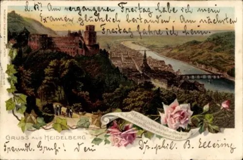 Litho Heidelberg am Neckar, Schloss, Panorama, Rosen, Alt Heidelberg du Feine