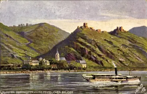 Ak Bornhofen im Rhein Lahn Kreis, Ruinen Steinberg und Liebenstein, die feindlichen Brüder, Dampfer