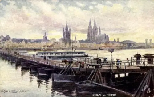 Künstler Ak Flower, C. F., Köln am Rhein, Dom, Schiffsbrücke, Groß St Martin, Luftschiff