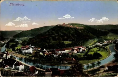 Ak Lutzelbourg Lützelburg Lothringen Moselle,  Landschaft mit Fluss, Hügel, Wolken