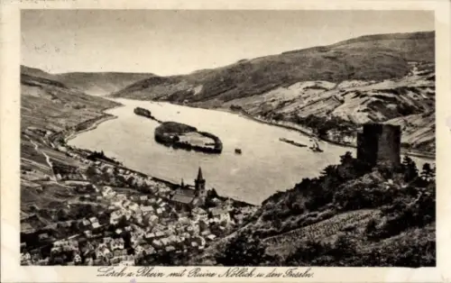 Ak Lorchhausen Lorch am Rhein Hessen, Loch a Rhein, Ruine Nollich, Flusslandschaft, Schwarz-Weiß-