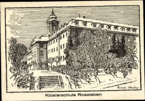 Künstler Ak Roßleben an der Unstrut Kyffhäuserkreis, Klosterschule im Winter