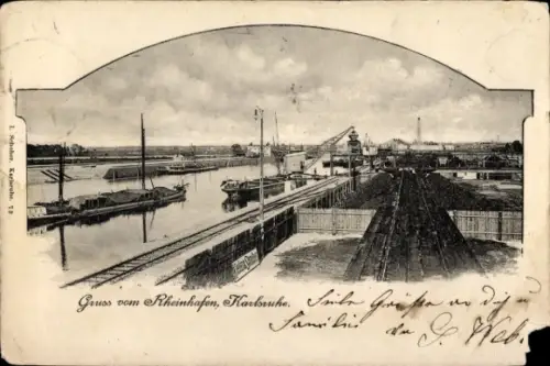Ak Karlsruhe in Baden, Rheinhafen  Schiffe, Wasser, Brücke, 