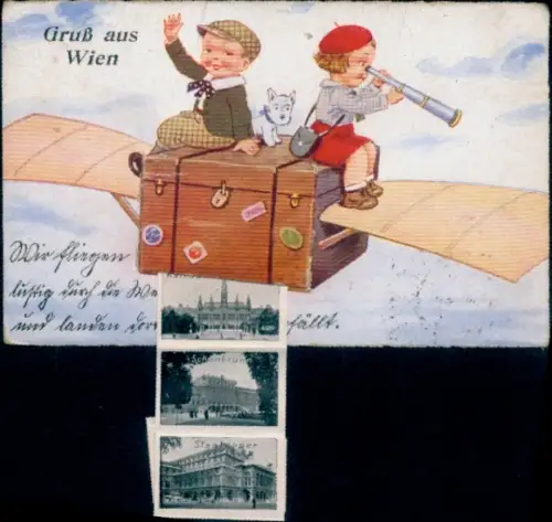 Leporello Ak Wien, Rathaus, Schönbrunn, Staatsoper, Kinder auf einem fliegenden Koffer