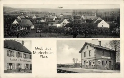 Ak Mertesheim in der Pfalz, Gesamtansicht, Wirtschaft zur Au, Peter Umminger, Bahnhof, Gleisseite