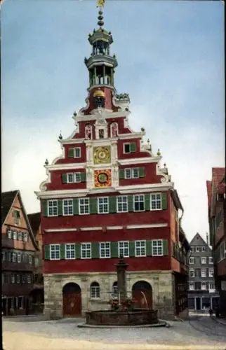 Ak Esslingen am Neckar, Altes Rathaus,  bunte Fassade, Uhrturm, Brunnen