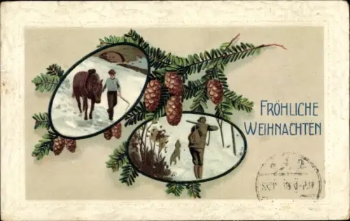 Präge Ak Glückwunsch Weihnachten, Tannenzweige, Zapfen, Jäger, Mann mit Pferd