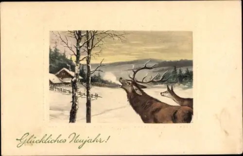 Präge Ak Glückwunsch Neujahr, Hirsch, Reh, Wohnhaus, Winter