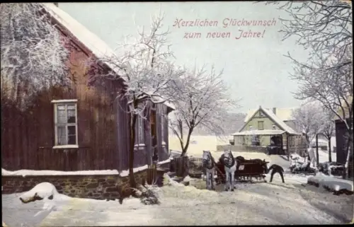 Ak Glückwunsch Neujahr, Dorfpartie, Schlittengespann