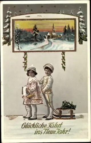 Ak Glückwunsch Neujahr, Kinder, Schlitten, Dorfansicht