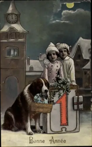 Ak Glückwunsch Neujahr, Junge und Mädchen mit Bernhardiner, Kalenderblatt
