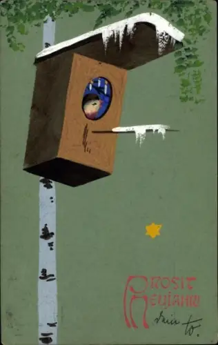 Ak Glückwunsch Neujahr, Vogel im Vogelhäusschen