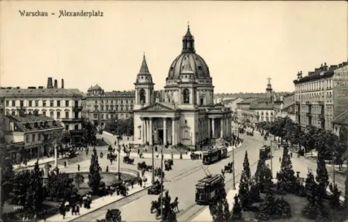 Ak Warszawa Warschau Polen, Warschau Alexanderplatz, Menschen, Straßenbahn, Gebäude