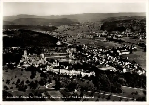 Ak Rötteln Haagen Lörrach in Baden, Burg-Ruine Rötteln,  Blick ins Wiesental, Flugzeugaufnahme