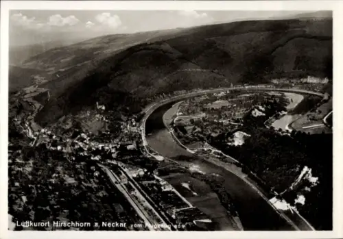 Ak Hirschhorn am Neckar Hessen, Luftaufnahme von  Flussverlauf, Berge, Landschaft