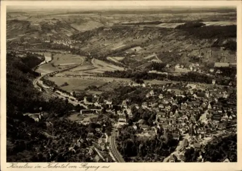 Ak Künzelsau am Kocher Hohenlohekreis, Luftaufnahme von  Kochertal, Hügel, Felder, Häuser