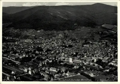 Ak Neustadt an der Weinstraße, Luftaufnahme von Neustadt a. d. deutschen Weinstraße, Berge im Hin