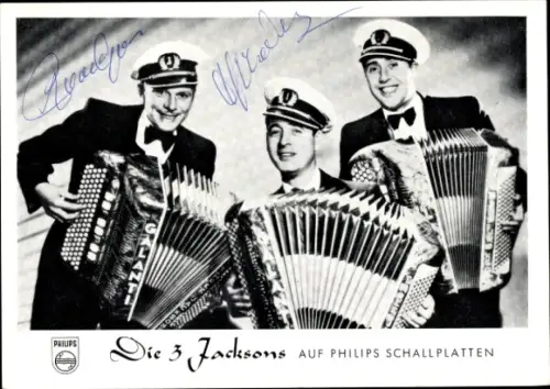 Ak Musikgruppe Die 3 Jacksons, Portrait mit Akkordeon, Autogramme