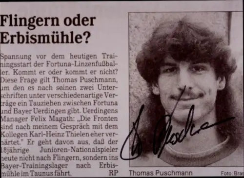 Autogramm Fußballer Thomas Puschmann, Ausschnitt Zeitungsartikel, KFC Uerdingen 05, Portrait