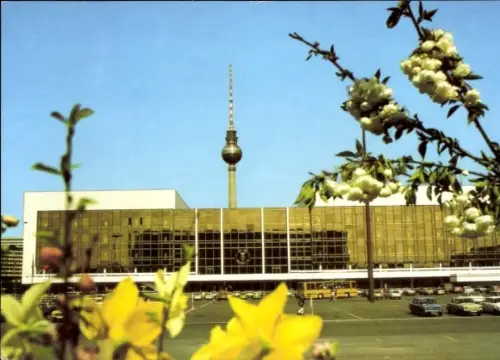 Ak Berlin Mitte, Palast der Republik, Fernsehturm, Blumen im Vordergrund