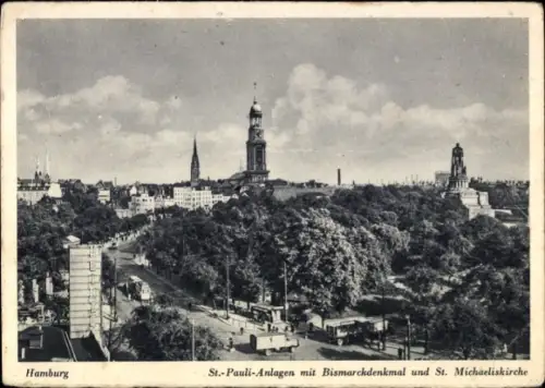 Ak Hamburg Mitte St. Pauli, Anlagen, Bismarckdenkmal, St. Michaeliskirche
