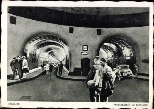 Ak Hamburg Mitte Altstadt, Fahrstraßen im Elbtunnel,  Architektur, Menschen im Tunnel, Autos