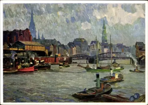 Künstler Ak Gabel, P. E., Hamburg Mitte Altstadt, Innenhafen am Baumwall, Kirchtürme