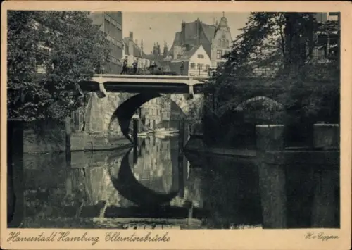 Ak Hamburg,  Ellerntorbrücke, Fluss, Boot, Passanten