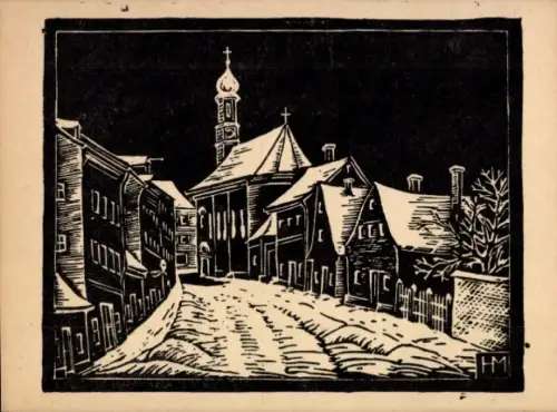 Künstler Ak Jos. Hamm, Landshut, verschneite Gasse, St. Sebastianskirche, Weihnachten, Neujahr