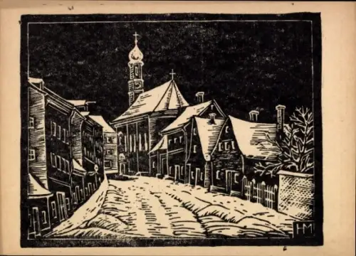 Künstler Ak Jos. Hamm, Landshut, Verschneite Gasse, St. Sebastianskirche, Weihnachten, Neujahr