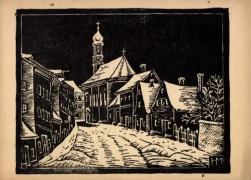 Künstler Ak Jos. Hamm, Landshut, verschneite Gasse, St. Sebastianskirche, Weihnachten, Neujahr