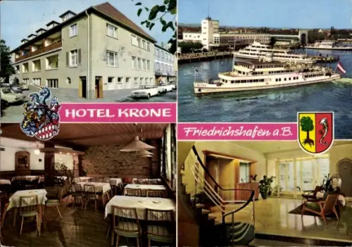 Ak Friedrichshafen am Bodensee, Hotel Krone, Friedrichshafen, Bodensee, Restaurant, Schiffsanlege