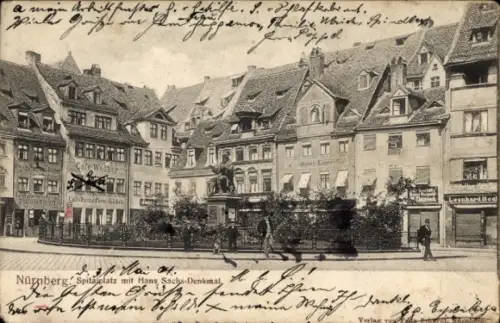 Ak Nürnberg in Mittelfranken, Spitalplatz mit Hans Sachs Denkmal