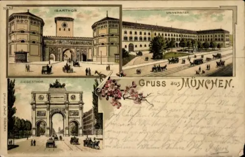 Litho München Bayern, Isartor mit Universität und Siegestor