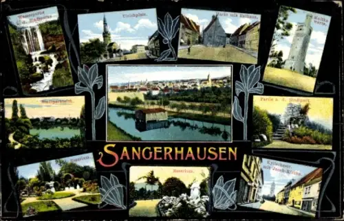 Ak Sangerhausen am Harz, Verschiedene Ansichten von  Wasserpartie, Stadtpark, Jacob-Kirche