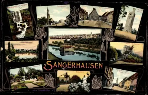 Ak Sangerhausen am Harz, Verschiedene Ansichten von  Wasserfall, Stadtansicht, Gebäude