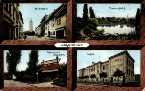 Ak Sangerhausen am Südharz, Vierteilige , Stadtpark, Schule, Kylischestr, Stadtparkteich