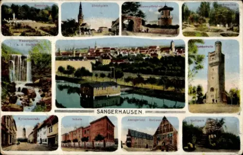 Ak Sangerhausen am Harz,  Rosarium, Ulrichplatz, Wasserpforte, Amtsgericht, Stadtpark