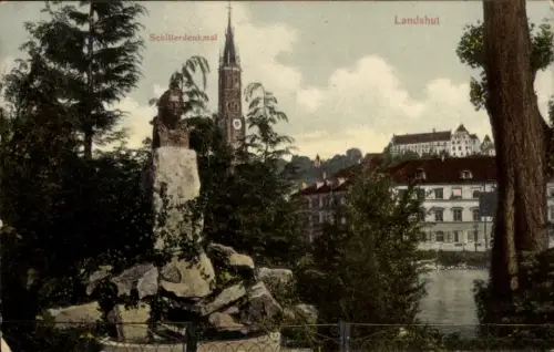 Ak Landshut in Niederbayern, Schillerdenkmal,  Uhrturm, Bäume, Wasser
