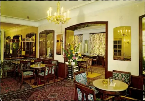 Ak Bad Schachen Lindau am Bodensee Schwaben, Café Spengler, Innenansicht, Tische, Stühle, Blumen,