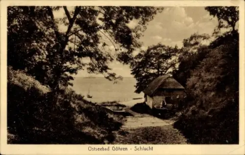 Ak Ostseebad Göhren auf Rügen,  Schlucht, Meerblick, Bäume, Boot, Hütte
